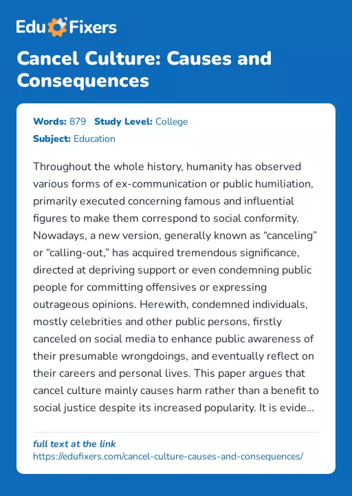 Cancel Culture: Causes and Consequences - Essay Preview