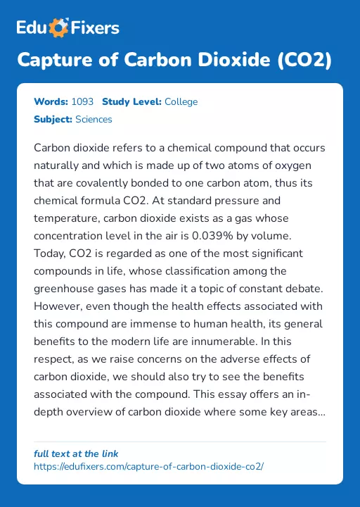 Capture of Carbon Dioxide (CO2) - Essay Preview