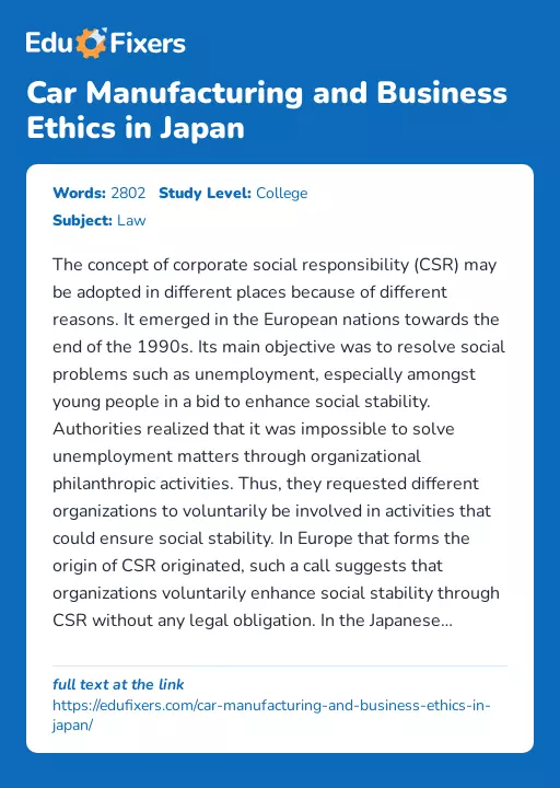 Car Manufacturing and Business Ethics in Japan - Essay Preview