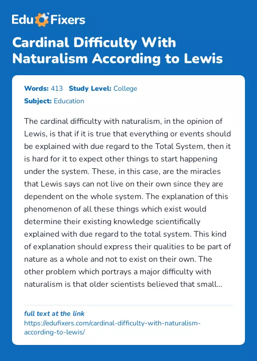 Cardinal Difficulty With Naturalism According to Lewis - Essay Preview