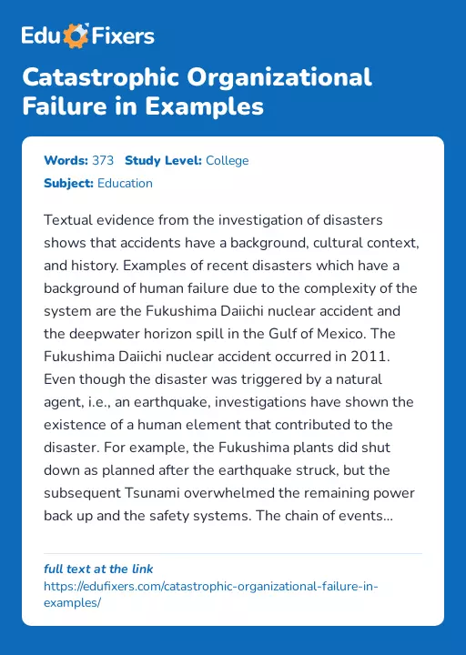Catastrophic Organizational Failure in Examples - Essay Preview