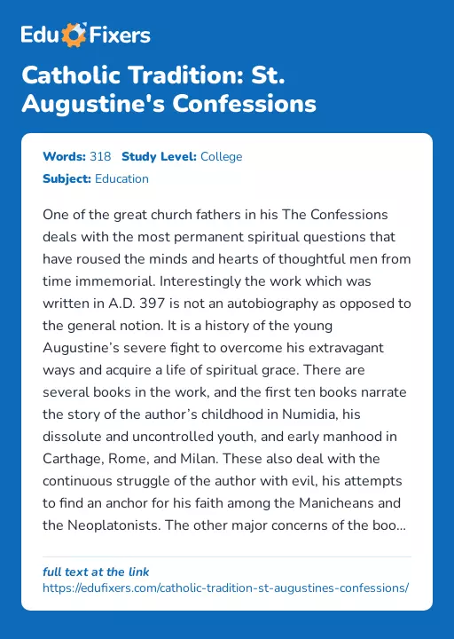 Catholic Tradition: St. Augustine's Confessions - Essay Preview