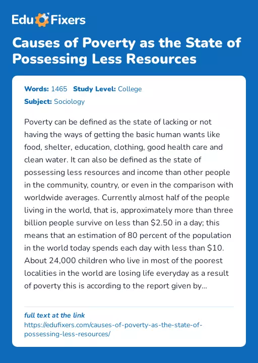 Causes of Poverty as the State of Possessing Less Resources - Essay Preview
