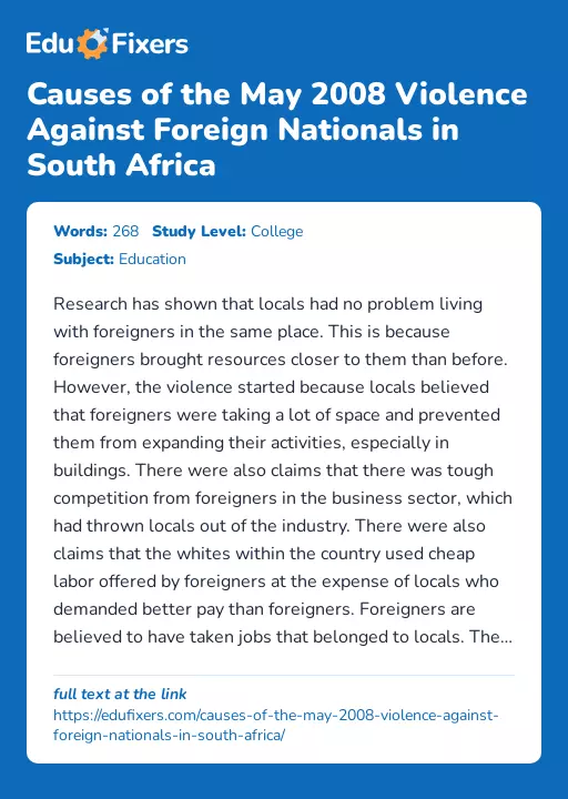 Causes of the May 2008 Violence Against Foreign Nationals in South Africa - Essay Preview