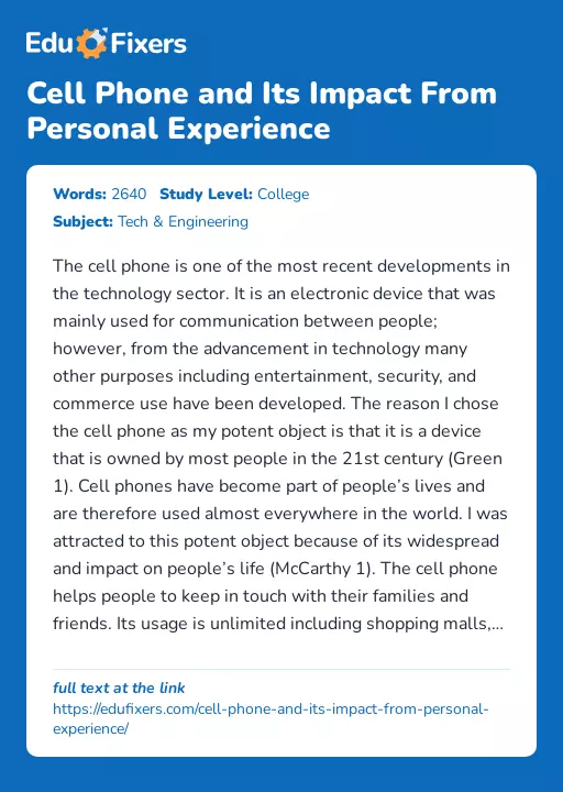 Cell Phone and Its Impact From Personal Experience - Essay Preview