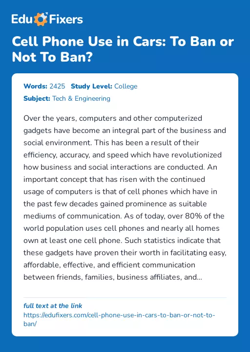 Cell Phone Use in Cars: To Ban or Not To Ban? - Essay Preview