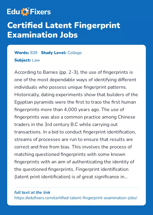 Certified Latent Fingerprint Examination Jobs - Essay Preview