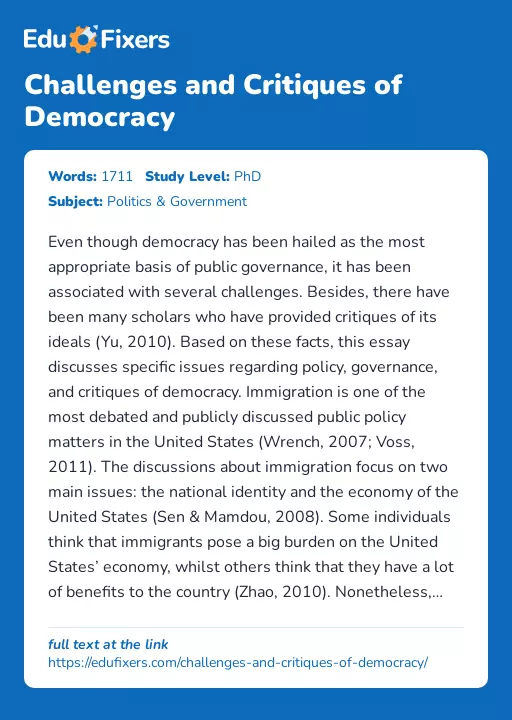Challenges and Critiques of Democracy - Essay Preview