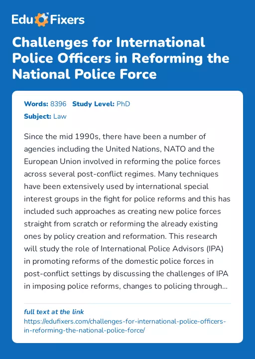 Challenges for International Police Officers in Reforming the National Police Force - Essay Preview
