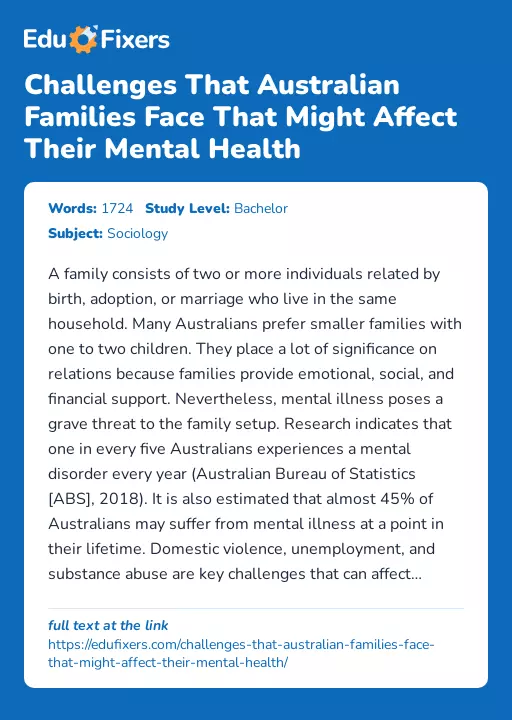 Challenges That Australian Families Face That Might Affect Their Mental Health - Essay Preview
