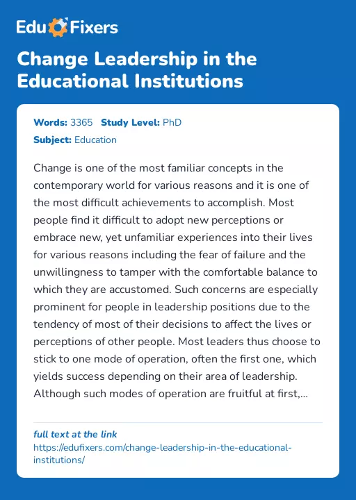 Change Leadership in the Educational Institutions - Essay Preview