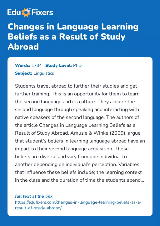 Changes in Language Learning Beliefs as a Result of Study Abroad - Essay Preview