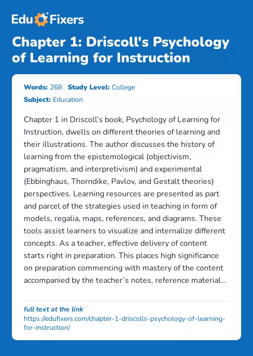 Chapter 1: Driscoll's Psychology of Learning for Instruction - Essay Preview