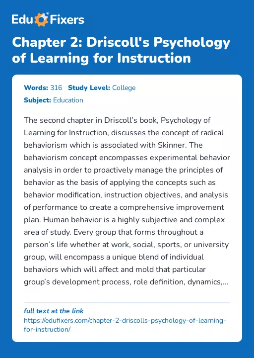 Chapter 2: Driscoll's Psychology of Learning for Instruction - Essay Preview