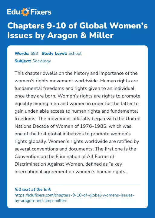 Chapters 9-10 of Global Women's Issues by Aragon & Miller - Essay Preview