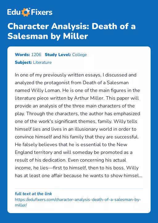 Character Analysis: Death of a Salesman by Miller - Essay Preview