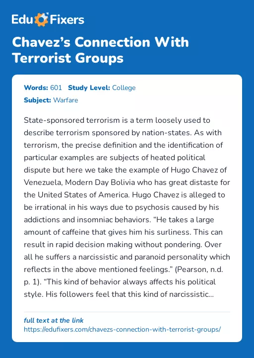 Chavez’s Connection With Terrorist Groups - Essay Preview