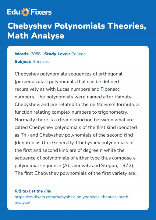 Chebyshev Polynomials Theories, Math Analyse - Essay Preview