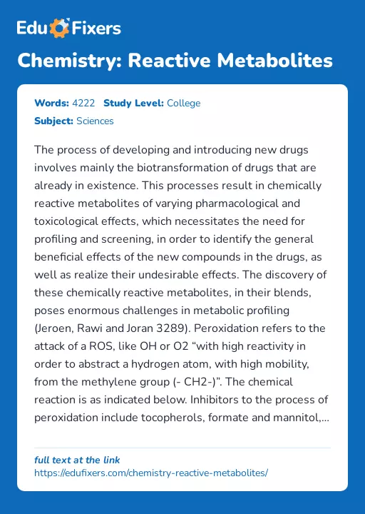 Chemistry: Reactive Metabolites - Essay Preview