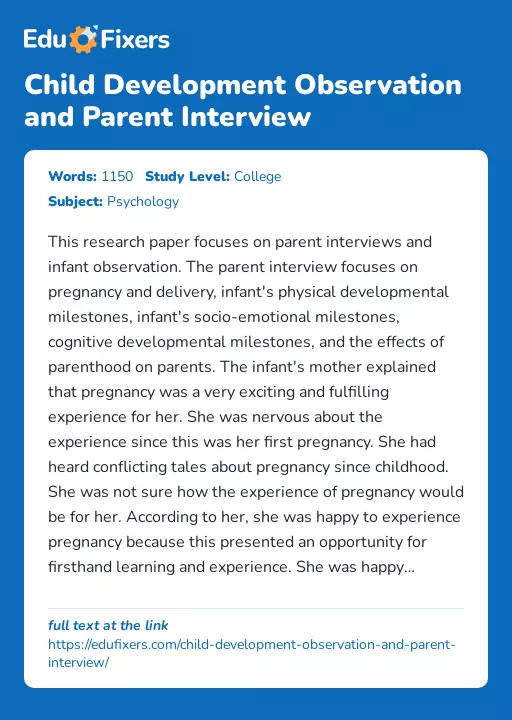 Child Development Observation and Parent Interview - Essay Preview