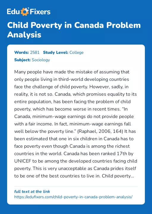 Child Poverty in Canada Problem Analysis - Essay Preview