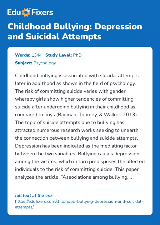 Childhood Bullying: Depression and Suicidal Attempts - Essay Preview