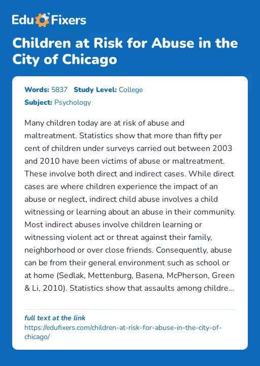 Children at Risk for Abuse in the City of Chicago - Essay Preview