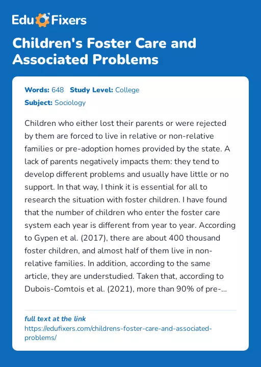 Children's Foster Care and Associated Problems - Essay Preview