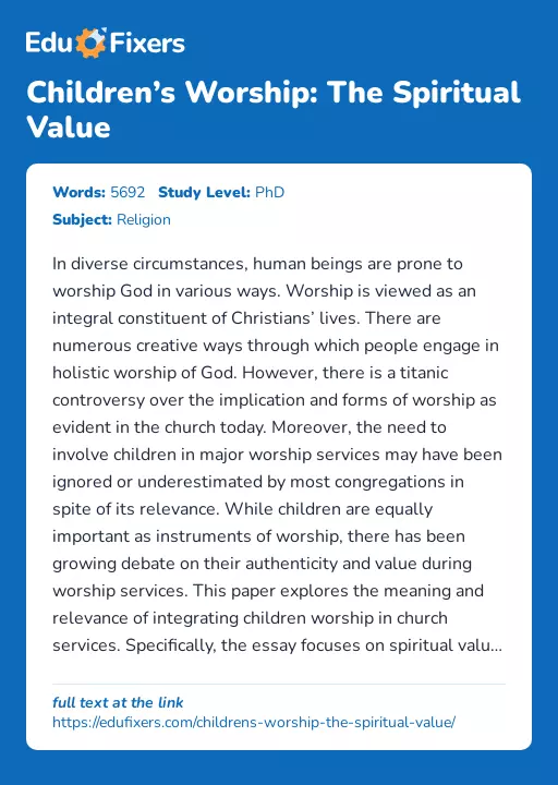 Children’s Worship: The Spiritual Value - Essay Preview