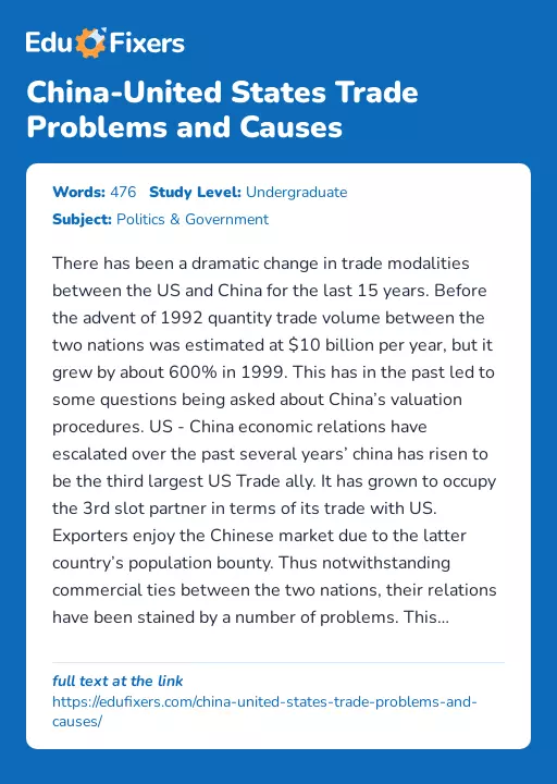 China-United States Trade Problems and Causes - Essay Preview