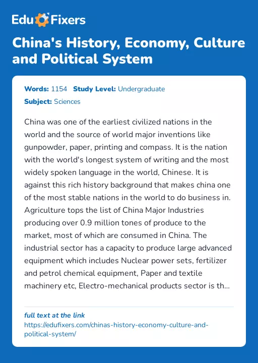 China's History, Economy, Culture and Political System - Essay Preview