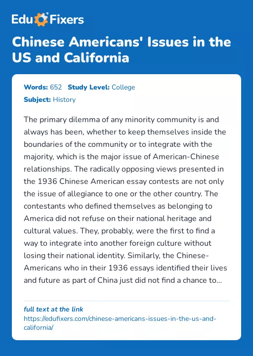 Chinese Americans' Issues in the US and California - Essay Preview