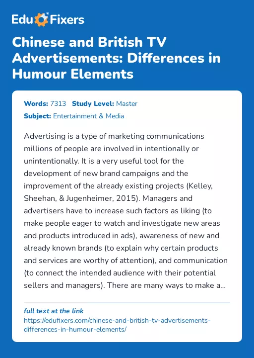 Chinese and British TV Advertisements: Differences in Humour Elements - Essay Preview
