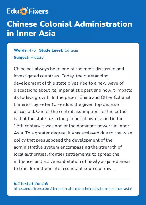 Chinese Colonial Administration in Inner Asia - Essay Preview