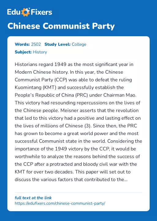 Chinese Communist Party - Essay Preview