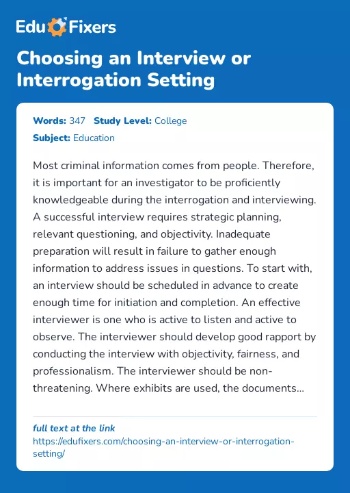 Choosing an Interview or Interrogation Setting - Essay Preview