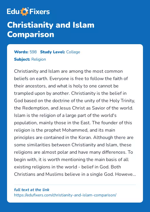 Christianity and Islam Comparison - Essay Preview