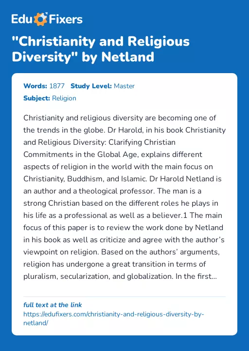 "Christianity and Religious Diversity" by Netland - Essay Preview