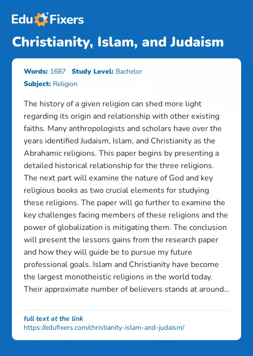 Christianity, Islam, and Judaism - Essay Preview