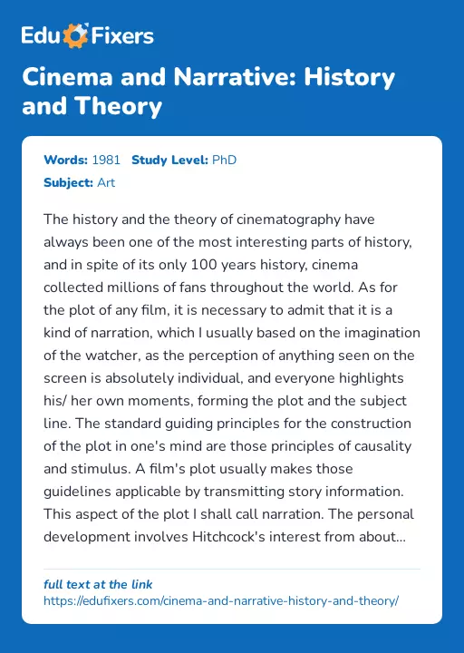 Cinema and Narrative: History and Theory - Essay Preview