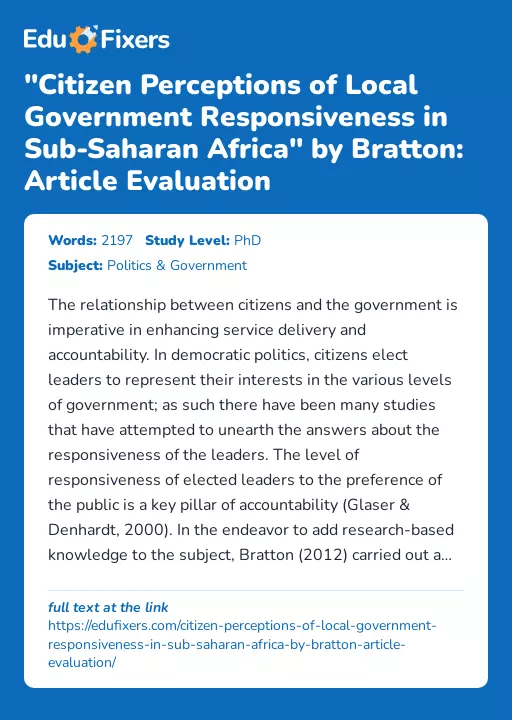 "Citizen Perceptions of Local Government Responsiveness in Sub-Saharan Africa" by Bratton: Article Evaluation - Essay Preview