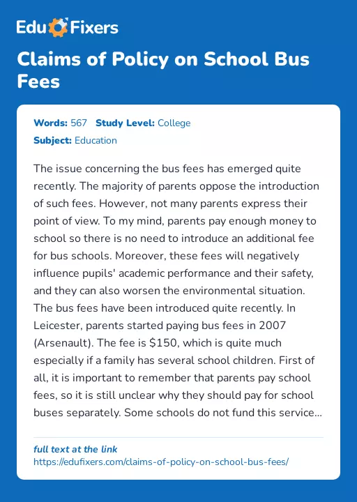 Claims of Policy on School Bus Fees - Essay Preview