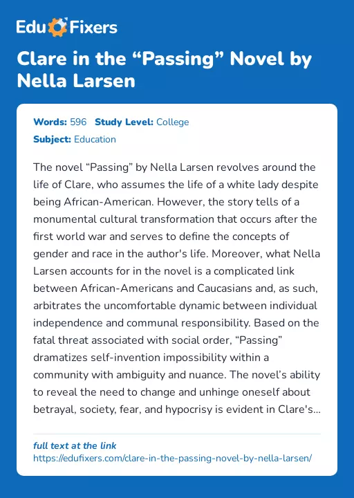Clare in the “Passing” Novel by Nella Larsen - Essay Preview