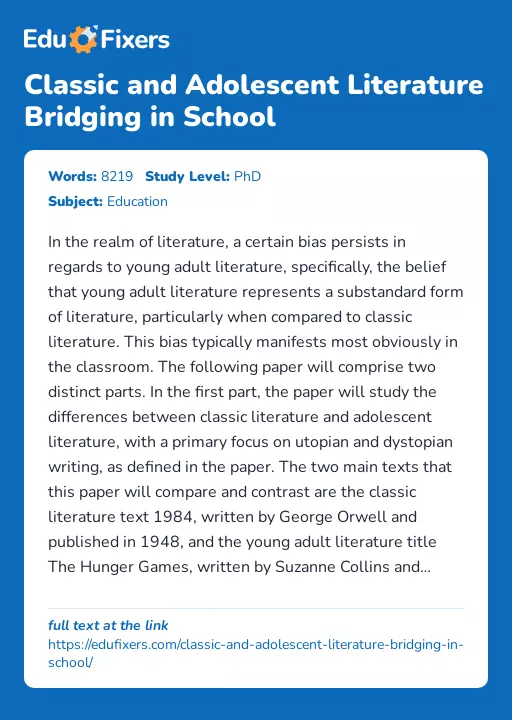 Classic and Adolescent Literature Bridging in School - Essay Preview