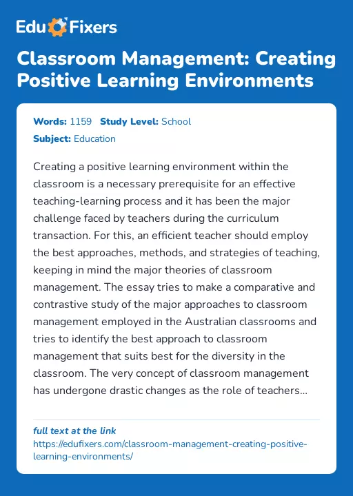 Classroom Management: Creating Positive Learning Environments - Essay Preview