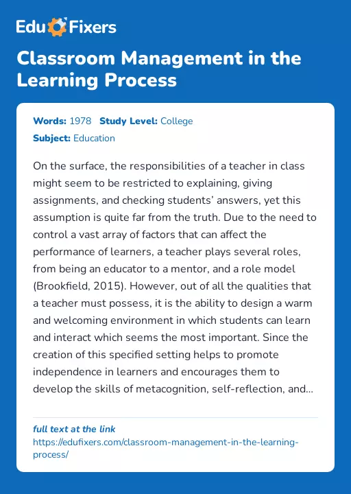 Classroom Management in the Learning Process - Essay Preview