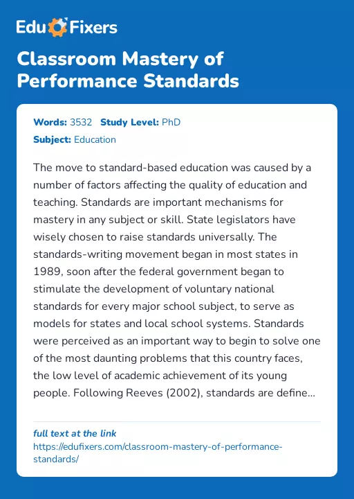 Classroom Mastery of Performance Standards - Essay Preview
