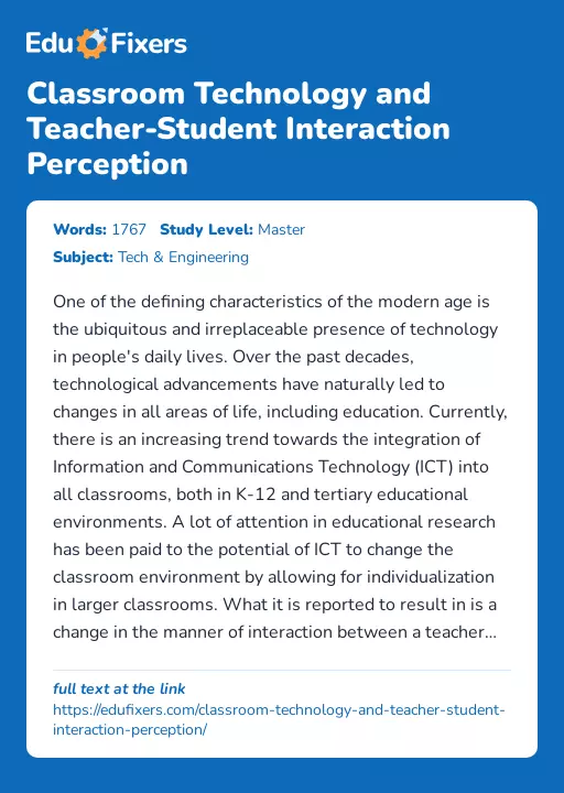 Classroom Technology and Teacher-Student Interaction Perception - Essay Preview