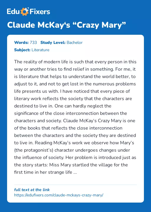 Claude McKay‘s “Crazy Mary” - Essay Preview