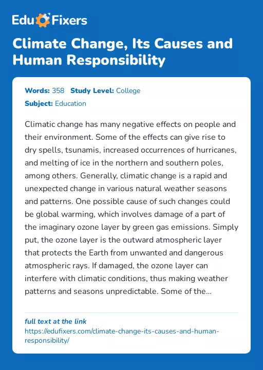 Climate Change, Its Causes and Human Responsibility - Essay Preview